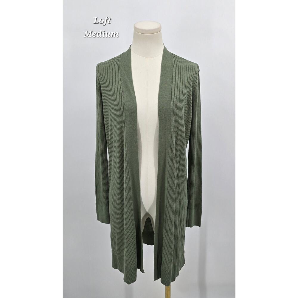 LOFT Minimalist Open-Front Olive‎ Longline Ribbed Cardigan Sweater M